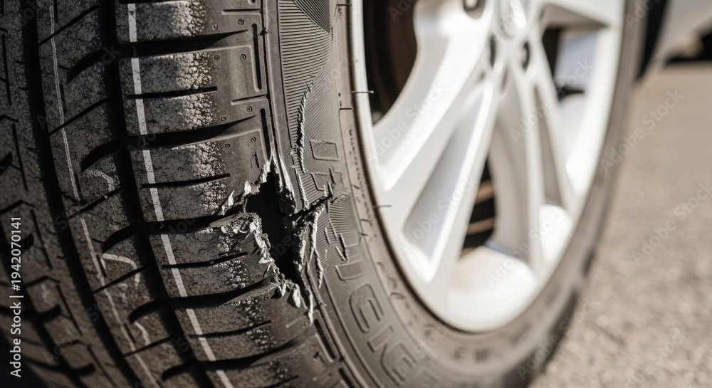 Fototapeta premium Damaged Car Tire Showing Significant Wear and Tear Punctured and Ripped.
