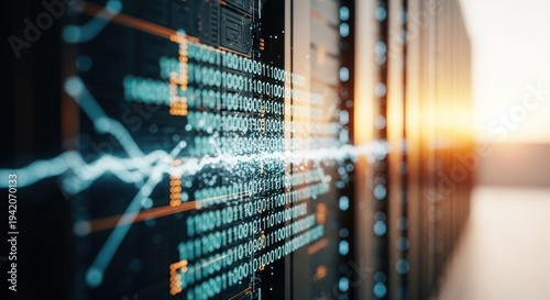 Data center server room with binary code and digital information flow.