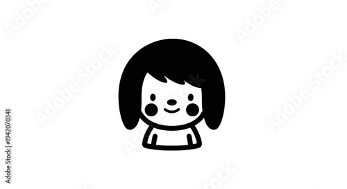 Simple black and white illustration of a smiling girl with bobbed hair.