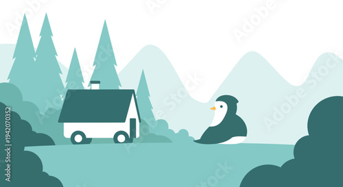 Serene landscape with camper van and penguin in a forest.