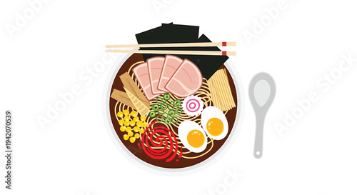 Vector illustration of ramen bowl with ingredients and chopsticks