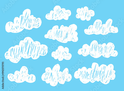 Scribble white clouds, drawing vector sky children playful cloud sketch graphics. Perfect for school, stickers, labels, notebooks, scrapbook, posters and more. 