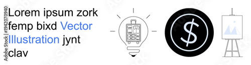Innovation, financial growth, creative design, business planning, education, artistic concepts. Lightbulb s ideas, dollar symbol links to finance and easel creativity. Innovation and financial
