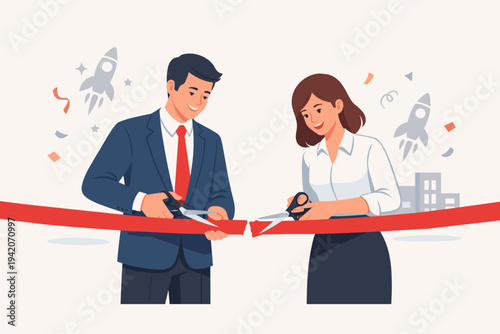 Successful business partners cutting a red ribbon to celebrate a startup launch, new product ceremony, or grand opening. Entrepreneurs starting a new venture with rocket icons and confetti.