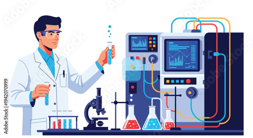 Scientist conducting experiment with test tubes and advanced laboratory equipment in a modern setting