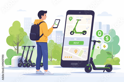 Man with backpack using a mobile app to rent an electric scooter in a city park. Flat vector illustration of a sharing service with a smartphone showing a map, eco-friendly urban transport concept.