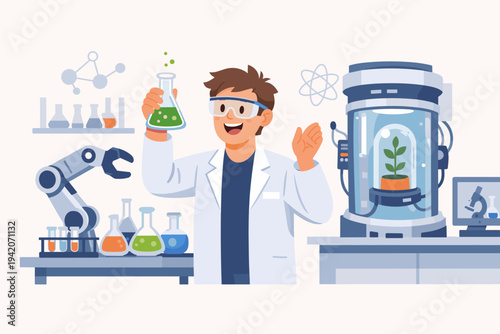 Vector illustration of an excited male scientist in a white lab coat holding a chemical flask in a modern laboratory with a robotic arm, plant growth capsule, microscope, and research equipment.