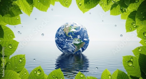 Earth surrounded by green leaves and water droplets symbolizing environmental protection and conservation.