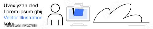 Cloud computing, data sharing, digital organization, user interaction, collaborative tools, online document storage. A person, a computer with a folder and a cloud symbol. Cloud computing and data