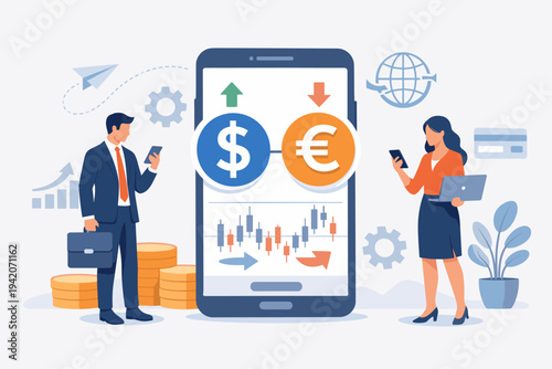 Businesspeople Trading Currencies Online via Mobile App with Candlestick Chart and Global Finance Icons. Flat Vector Illustration of Forex Market, Dollar and Euro Exchange, and Digital Investment.