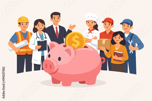 Diverse professionals like doctor, chef, and builder standing behind a large pink piggy bank with a gold coin, representing financial planning, retirement savings, and investment for workers.