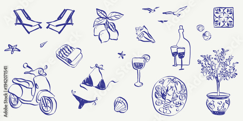Sketch style summer icons featuring beach scenes, sea elements and doodle art. Vintage vacation graphics with Italian coastal vibes, hand drawn symbols and Mediterranean food. Vector illustration