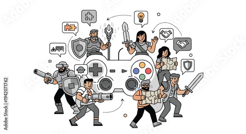 Team collaboration and problem solving in a video game development process illustration
