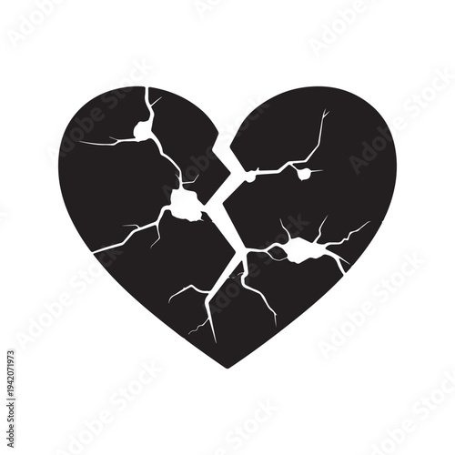 A broken black heart with cracks on a white background symbolizing sadness and despair