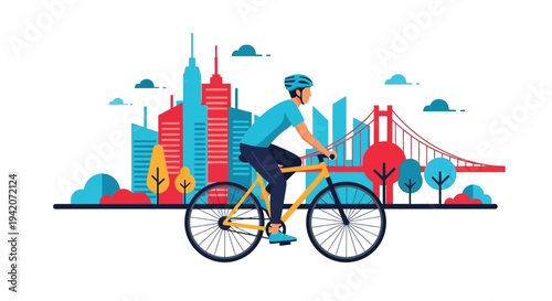 Man riding bicycle in urban cityscape with modern buildings and bridge vector illustration