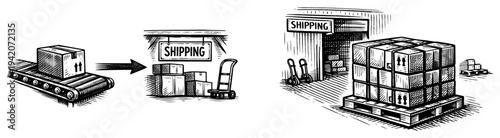 Engraving style illustration showing the shipping process from conveyor belt to warehouse loading dock