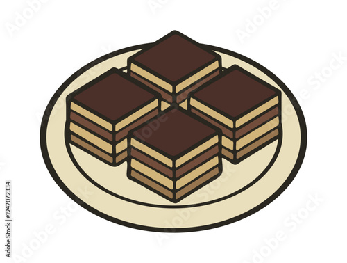 Chocolate layer cake slices on plate. Vector isolated illustration