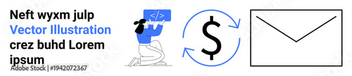 Digital services, software development, financial transactions, coding tutorials, online communication, payments. Woman coding, dollar icon with arrows and envelope symbol. Digital services