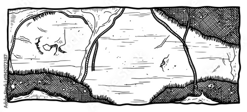 Black and white woodcut engraving of an organic abstract landscape with roots and soil