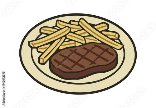Steak and fries on plate. Vector isolated illustration