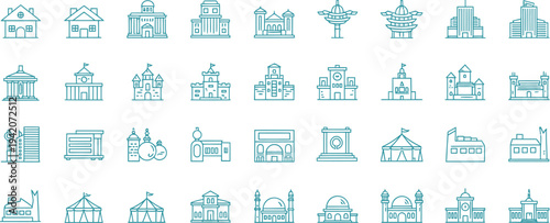 City buildings and landmarks line icon set, house mosque church castle government office architecture outline vector collection
