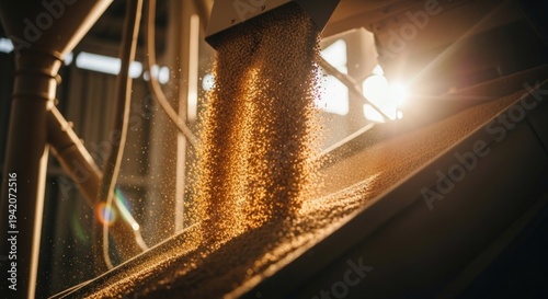 Golden Grains Cascading A Detailed View of Agricultural Processing Under Sunlight.