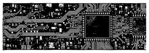 Distressed woodcut style illustration of a computer circuit board and microchip processor
