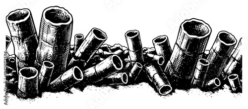 Vintage woodcut style illustration of hollow bamboo stalks growing from the ground