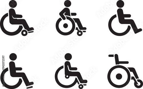 Wheelchair icon set vector illustration for web, app, logo, UI. Clean accessibility mobility symbol.