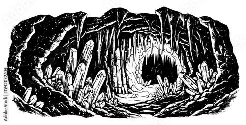 Detailed hand drawn cave entrance featuring massive crystals and hanging stalactites in monochrome style