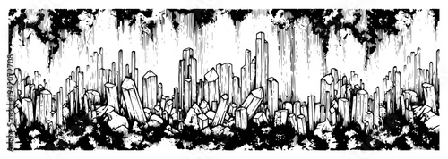 Woodcut style illustration of a cavern landscape filled with sharp crystal formations and minerals