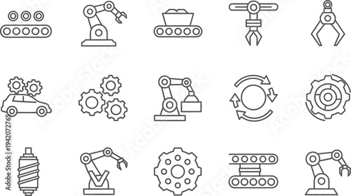Industrial automation and robotics line icons collection, robotic arms, conveyor systems, gears and smart manufacturing technology vector set