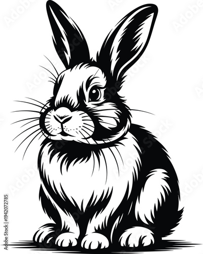A black and white illustration of a cute rabbit sitting