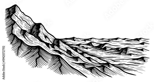 Dramatic woodcut style landscape illustration of a rugged mountain range