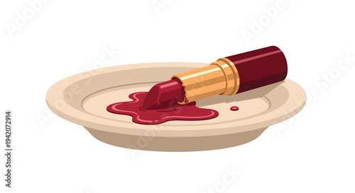 A dark red lipstick in a burgundy and gold tube lies horizontally, melting and oozing deep red liquid onto a beige plate.