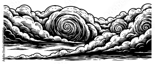 Engraving style vector illustration of dramatic swirling storm clouds and sky