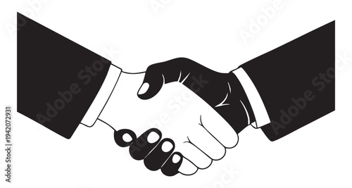 Black and white vector illustration of professional handshake with contrasting suit sleeves design