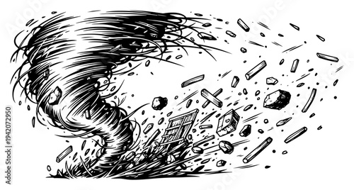 Dynamic woodcut style illustration of a powerful tornado storm throwing debris