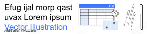 Data analysis, financial planning, accounting, business growth, calculation tools, decision making. Spreadsheet with calculator and arrows rising. Data analysis and financial planning