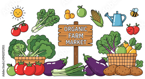 Organic farm market illustration featuring fresh produce and gardening elements in a vector graphic design