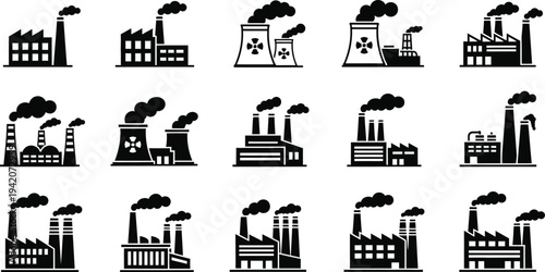Industrial factory and power plant silhouettes collection, nuclear energy stations, refinery facilities and manufacturing industry vector icons set