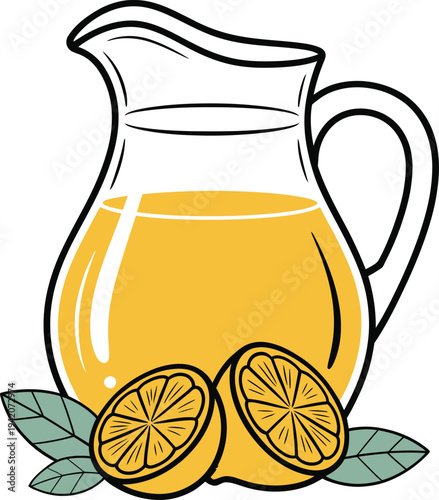 A pitcher of lemonade with lemons and leaves for refreshing drink concept
