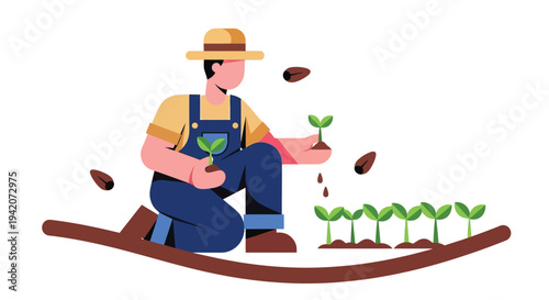 Farmer planting seeds in the soil with young seedlings growing nearby