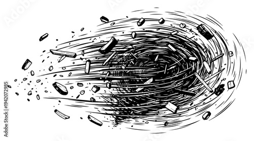 Engraved style illustration of a spinning vortex or whirlpool with flying debris