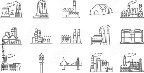 Industrial factory and refinery line icons collection, power plants, storage tanks, chemical facilities and energy infrastructure outline vector set