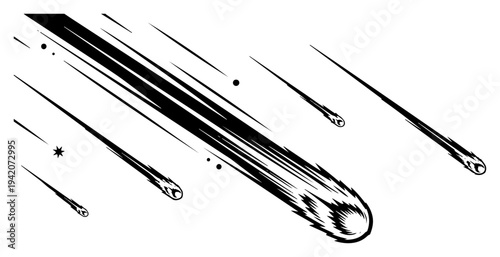 Dynamic hand drawn illustration of falling meteors and shooting stars with flaming tails