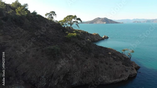 Aerial view of Fethiye coastal town, mountains and turquoise Mediterranean sea, Turkey, ab01
