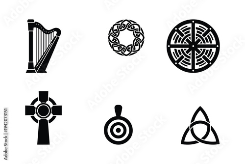Collection of Celtic symbols including a harp, knot, cross, and trinity symbol. Vector