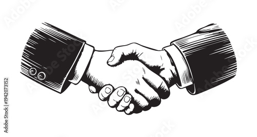 Vintage style woodcut illustration of two business hands shaking in agreement or greeting isolated