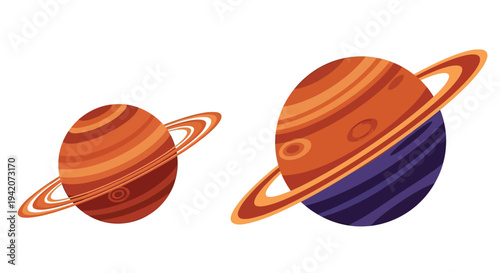 Vector graphic illustration of two saturn like planets in different sizes and colors